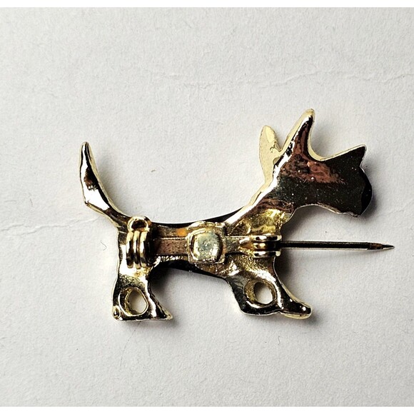 VTG Scottie Dog Brooch Green Emerald Crystal Gold Tone & Blk 1.3" Long VGC! - Picture 3 of 6